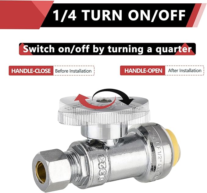 (Pack of 50) EFIELD Push Fit 1/4 Turn Straight Stop Valve Water Shut Off 1/2 Push x 3/8 Inch Compression Chrome with a Disconnect Clip,(PF-VALVE021-50PCS)