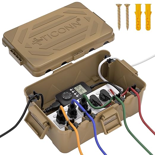 TICONN Outdoor Electrical Box, IP54 Splash-Proof Outdoor Extension Cord Cover, Protects Power Strip, Plug, Socket, Timer, Holiday Lights (Brown, Large)