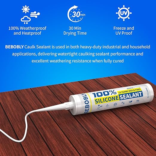 White Silicone Caulk & Sealant, 100% Waterproof Silicone Sealant Caulking, Shrink & Crack Proof, Silicone Caulking for Kitchen, Bathroom, RV, Interior & Exterior Use, 10.2 FL. OZ/300ML, 4 Pack