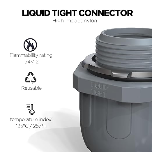 Conduit Connectors, 1/2 Inch Liquid Tight Connector NPT Non-Metallic for PVC Electrical Flexible Conduit Fittings, 180 Degree Straight, UL Listed for Home Outdoor Tubes Tools, Grey (60-Pack)
