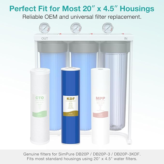 SimPure Whole House Water Filter Cartridges 20" x 4.5" GAC/KDF Carbon and Heavy Metal Filter, For DB20P, WHB20, FG25B-KS, WGB32B-KS, ‎FLTWH2045K, 2 Pack