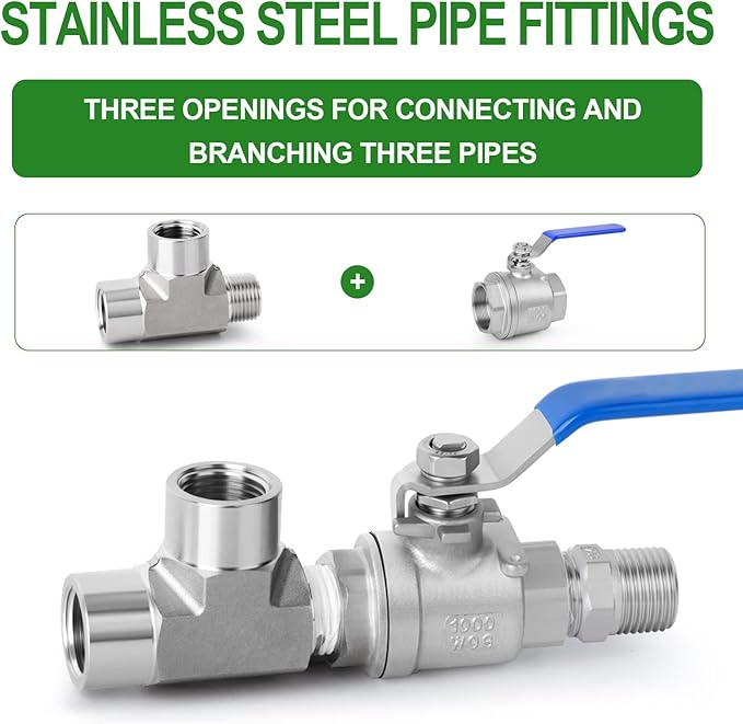 TAISHER 1PCS Forging of 304 Stainless Steel Tee Pipe Fittings, 1/8" NPT Female x 1/8" NPT Female x 1/8" NPT Male Pipe Fittings, Male Run Tee
