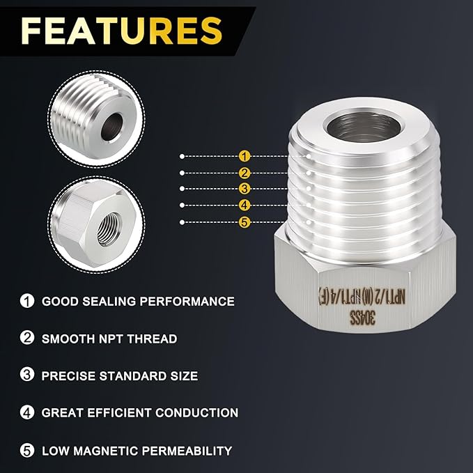 METALLIXITY 3PCS 1/2" Male NPT x 1/4" FeMale NPT Thread 304 Stainless Steel Hex Bushing Extension Tube Adapters Convert for Water Tub Spout/Shower