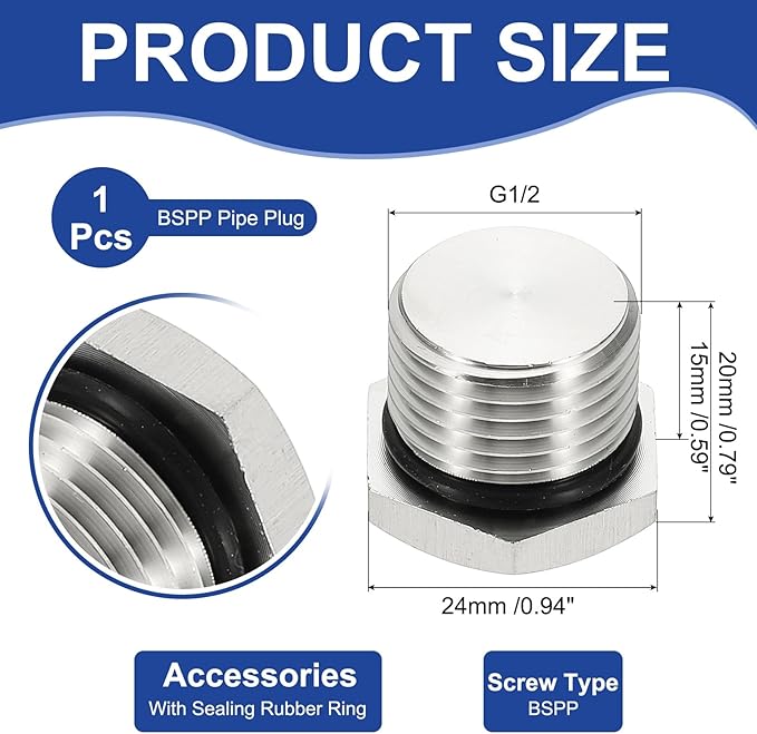 MECCANIXITY BSPP Pipe Plug Fitting, 304 Stainless Steel G1/2 Male Outer Hex Thread for Plumbing Fixed with Sealing Rubber Ring