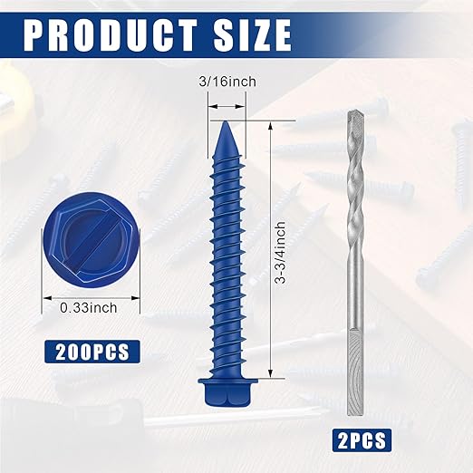 200 Qty 3/16" x 3-3/4" Hex Head Concrete Screws Anchor with Drill Bits Blue Slotted Hex Screws for Anchor Masonry, Block, Brick, Cement, Stucco, Diamond Point and Wood Fastening