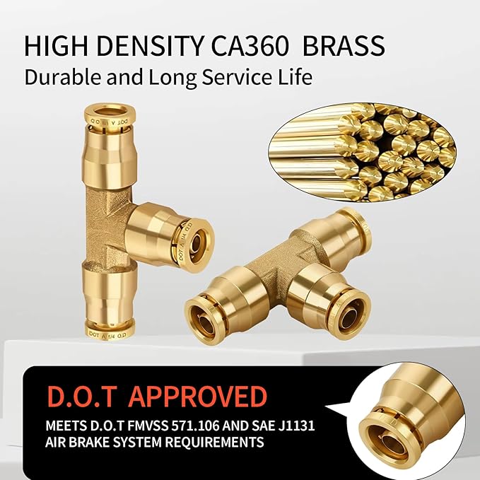 1/4" Brass Push to Connect Fittings Tee Union Dot Approved Air Brake Quick Connect Fittings Air Line Fittings Air Suspension Kit for Truck Trailers and Air Brake System 2Pcs