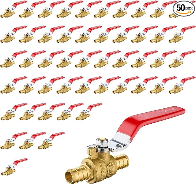 50 Pack Ball Valves, 1/2" Pex Crimp Shut Off Valve Red, Brass Full Port Pex B Shut Off Ball Valve for Hot and Cold Water, NSF/ANSI 61 Certified