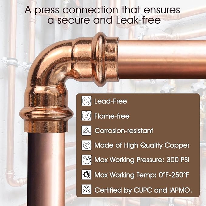 Copper Press Fittings,1/2 inch Copper Coupling 90 degree Elbow Coupling Zero Lead PxP 1/2 inch x 1/2 inch,12PK 90-Degree Elbow with 1/2-Inch for Plumbing,OD 5/8”,Use with Hydraulic Press Fitting Tool