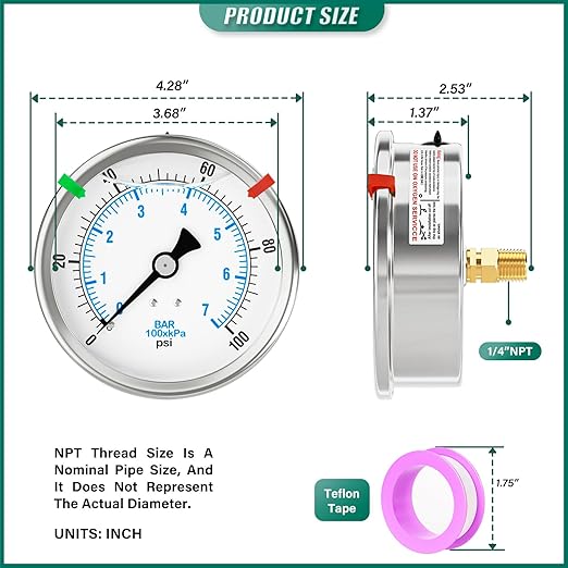 0-100PSI Stainless Steel Liquid Filled Pressure Gauge, 4" Dial Size, 1/4" NPT Back Mount, for Tube, Water Pump, Gas, Liquid, Pressure Test (with Range Mark Pointer)
