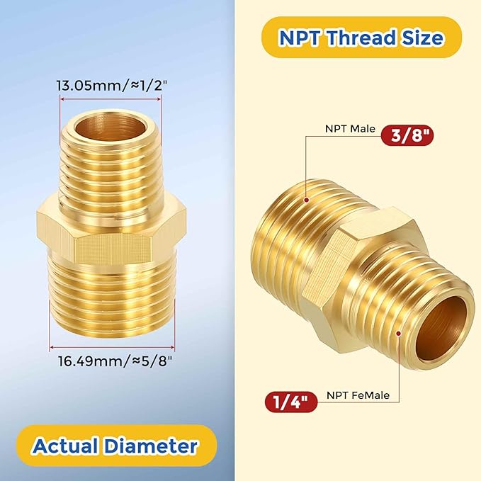 3 Pack Brass Pipe Fittings, 3/8" NPT Male to 1/4" NPT Male Brass Hex Nipple, Male Pipe Adapter Reducer for Air, Oil, LP