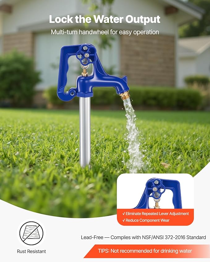 VEVOR Frost Proof Yard Hydrant, 6.22FT Freeze-Proof Outdoor Faucet with 48" Bury Depth, 3/4" NPT Pipe Connection, Lever Handle + Handwheel, No Lead Freezeless Hydrant for Yard Garden Farm Irrigation