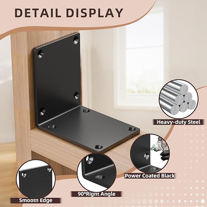 2 Pcs 8" X 8" X 6" Heavy Duty Steel L Angle Bracket for Wood, Large 90 Degree Corner Shelf Support Bracket, 8x8 Post to Beam Connector, Thickness 1/4"(6mm), Max Load 300+lbs-