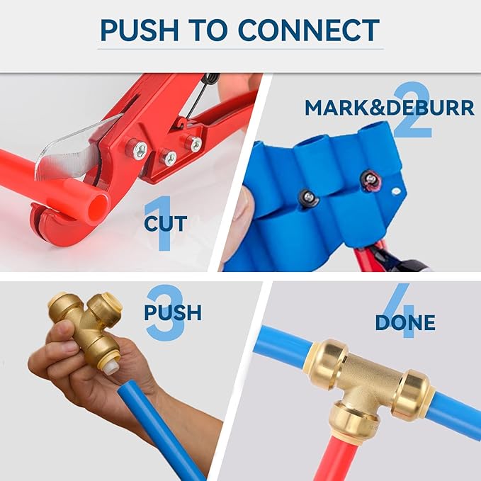 1/2" Pushfit Tee,50 Pack PEX Brass Push-fit Tee with 1 Pack Disconnect Clip, Push-to-Connect Plumbing Fittings for PEX, Copper, CPVC(PF118-50Pack)