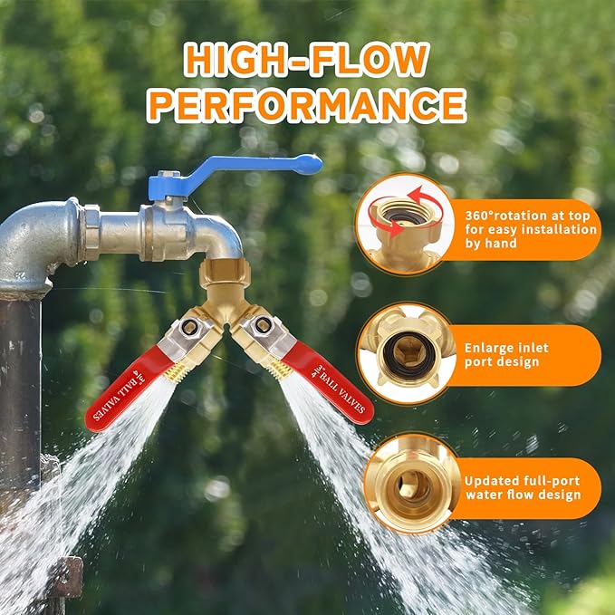 Hose Splitter 2 Way Heavy Duty Brass Garden Hose Splitter Full Flow Water Y Valve Faucet Splitter Connector with Shutoff 3/4 Inch GHT Thread & Quick Connect Hose Fittings
