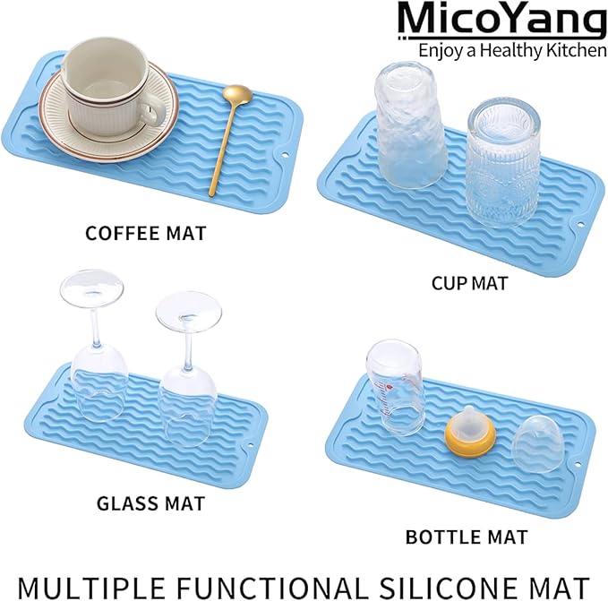 Silicone Dish Drying Mat for Multiple Usage,Easy clean,Eco-friendly,Heat-resistant Silicone Mat for Kitchen Counter or Sink,Refrigerator or Drawer Liner Light Blue S 12 inches x 6 inches