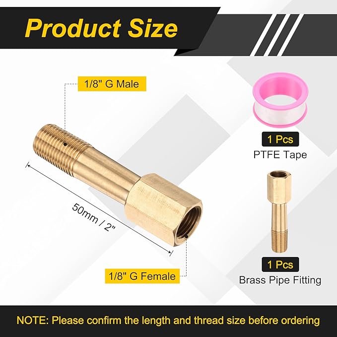 PATIKIL 2 Pack 1/8" g Male x 1/8" g Female Brass Pipe Fittings, Nipple Brass Fitting Extension Pipe Fittings Adapter Connection with Tape 2 Inch / 50mm Length