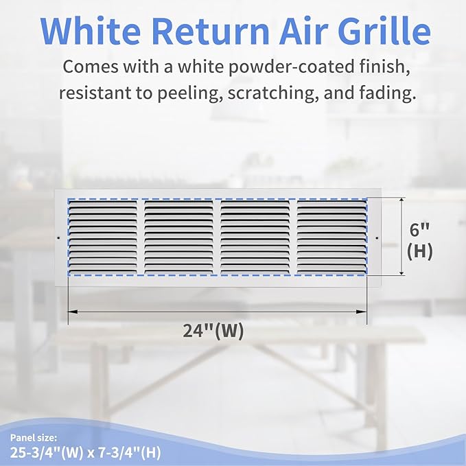 24"W x 6"H [Duct Opening Size] Steel Return Air Grille, Air Return Vent Cover for Ceiling and Sidewall - HVAC Air Vent Covers - [Outer Dimensions: 25.75"W x 7.75"H]