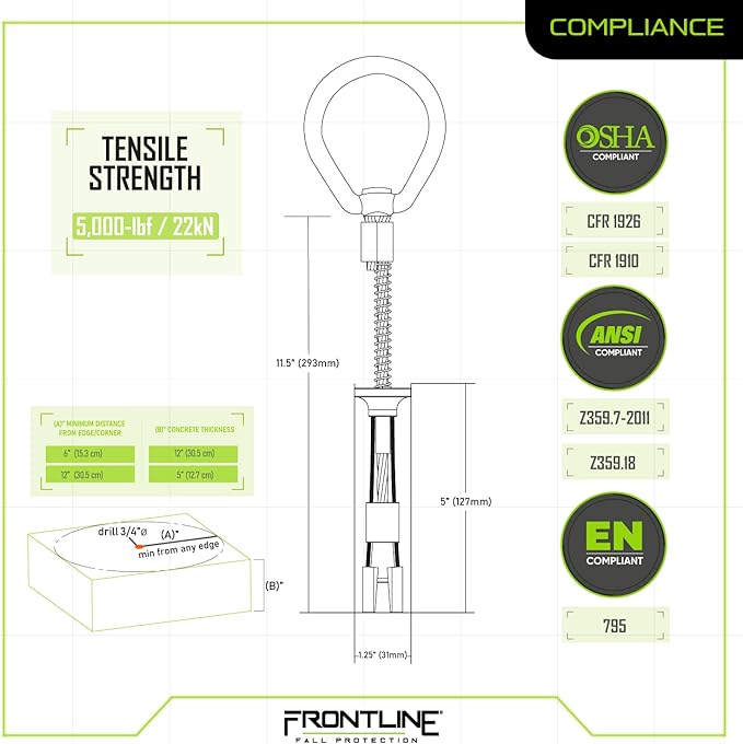 Frontline COB345KSV Reusable 5K Concrete Anchor Bolt with Swiveling D-Ring | ANSI, OSHA & EN Compliant | Built Tough, Rugged and Corrosion Resistant | OSHA & ANSI Compliant