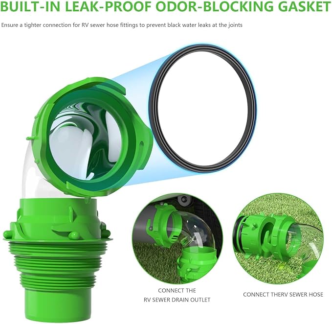 Clear 90 Degree RV Sewer Hose Elbow with Adapter - Removable 6-in-1 Fittings - Fits 4 Sizes of Dump Station Inlets (90° -Elbow Adapter)