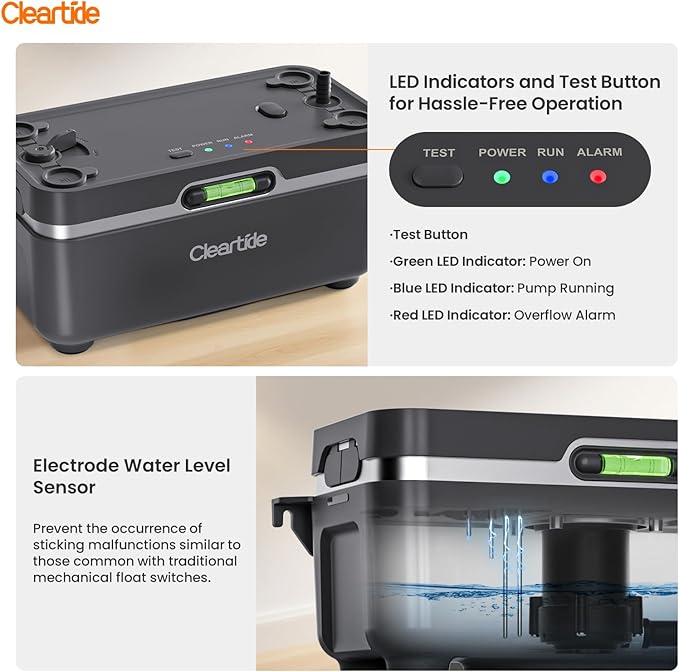 Cleartide Condensate HVAC Pump, Ultra-Quiet 25dB, 1/50 HP 110 GPH, 100-240V, Automatic Condensate Removal Pump with Safety Switch and Tubing for Air Conditioner/Furnace/Dehumidifier/Ice Machine