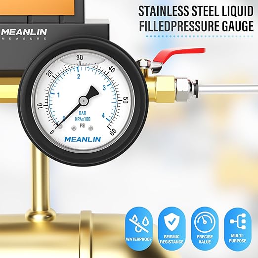 MEANLIN MEASURE 0~60Psi Stainless Steel 1/4" NPT 2.5" FACE DIAL Liquid Filled Pressure Gauge, Center Back Mount (with Rubber Protective Sleeve), with 1/2" NPT and 3/8" NPT Hex Bushing