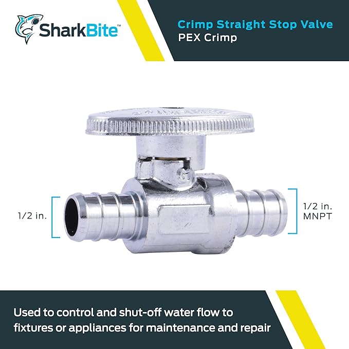 SharkBite 1/2 Inch Crimp Multi-Turn Straight Stop, Brass Plumbing Fitting, PEX Pipe, PE-RT, 23063LF