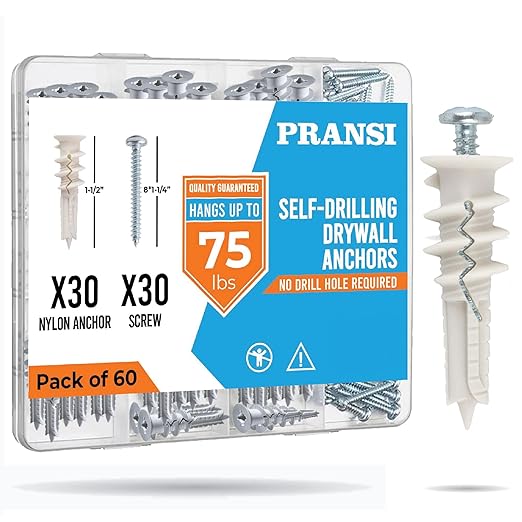 Drywall Anchors and Screws Kit – 60pcs #8 x 1-1/4” Self Drilling Anchors – No Pre-Drill Required – Heavy Duty Wall Anchors for Drywall – Holds Up to 75lbs
