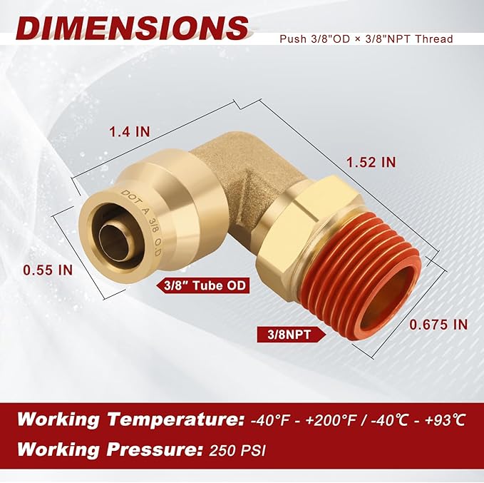 3/8" Quick Push to Connect Fittings Brass 90 Degree Union Swivel Elbow Joint DOT Approved 3/8" Tube OD x 3/8" NPT Thread Air Brake Line Adapter Air Suspension Kit for Car Truck Trailers 2pcs