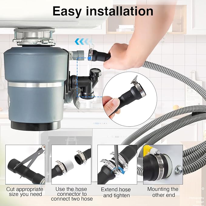 10Ft Universal Dishwasher Drain Hose, Corrugated Discharge Hose Flexible Dishwasher Replacement Drain Hose Extension with 2 Clamps,Fit 5/8"-3/4" and 1"