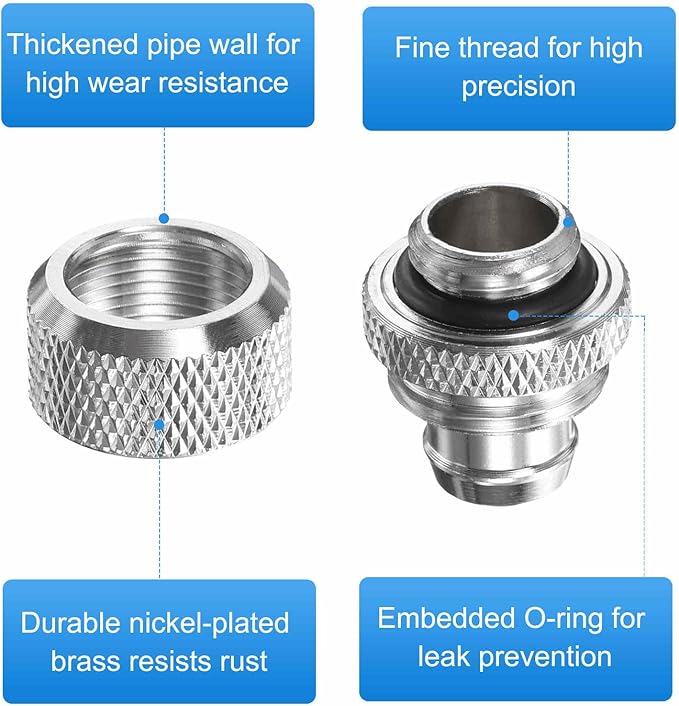 2-Pack G1/4" Thread 3/8 in ID 1/2 in OD Quick Tighten Compression Fitting - Durable Hard Tubing Compression Fitting for Soft Tubing, Computer Water Cooling System, Black, Silver