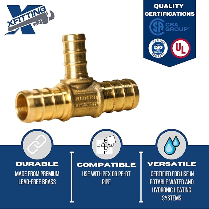 XFITTING 1/2 inch x 1/2 inch x 3/8 inch Pex Tee, Pex B Reducing Tee Crimp Version 25-5-1=5X, 5 Pieces