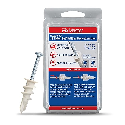 Nylon Self-Drilling Drywall Anchors w/Screws (25 Anchors & 25 Screws) – Premium Nylon 66 Hollow Wall Anchors for 3/8"-5/8" Drywall – Shock-Resistant Hold, Easy Install - 75lb Holding Strength
