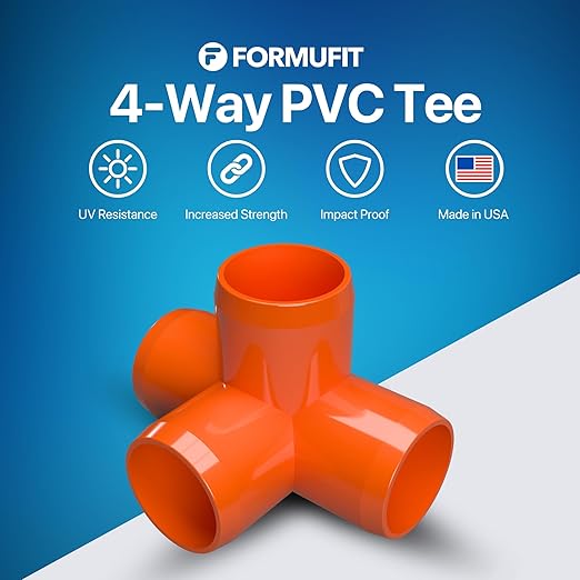 FORMUFIT 1-1/4” 4-Way Tee Furniture Grade PVC Fitting in Orange, Made in USA, UV-Resistant, Impact-Proof, 1.660” Actual Socket Diameter (Pack of 4) - F1144WT-OR-4