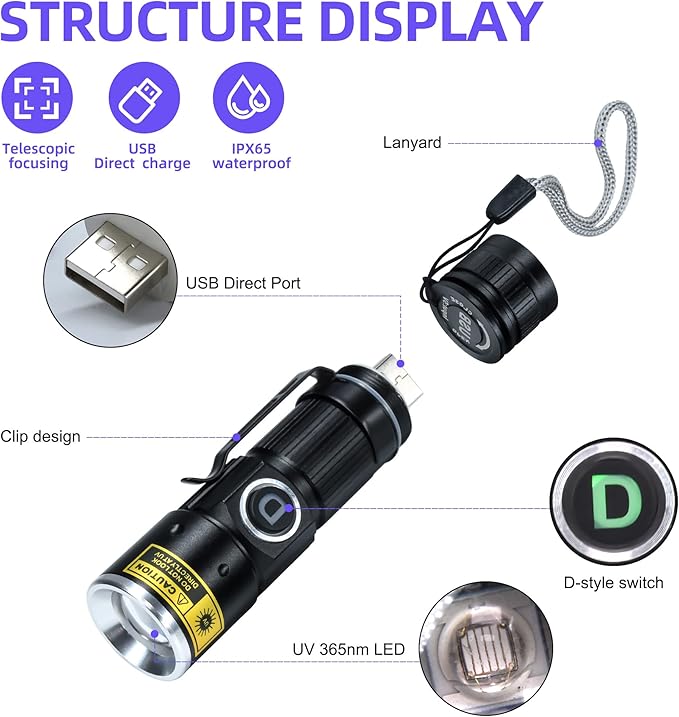 DARKDAWN UV 365nm Black Lights Flashlights USB Rechargeable, Wood's Lamp Ultraviolet LED Portable Mini, Blacklight for cat Urine Detection Dry Stains, Uranium Glass, Leak Detection, D15 365 nm 2 Pack