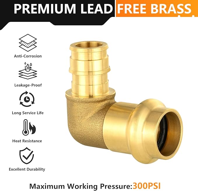 50-Pack HeSun Copper Press Fitting Elbow, 1/2" PRESS X 1/2" PEX-A F1960 Expansion Elbow, LF Brass