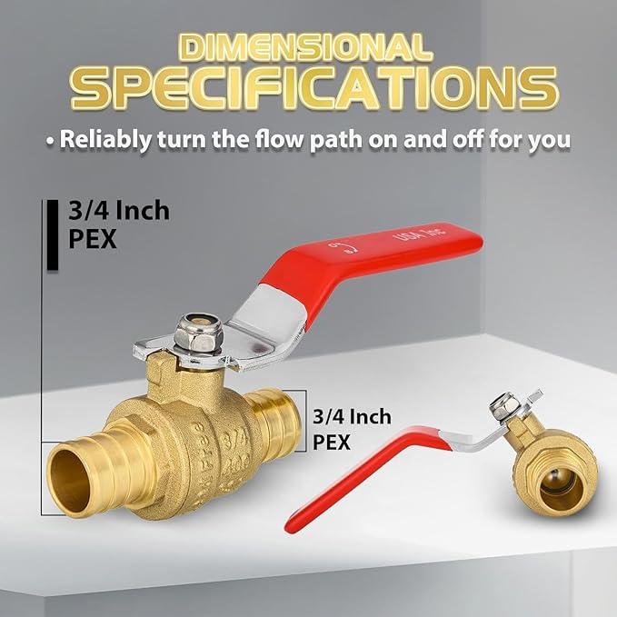 100-Pack Foskan 3/4 Inch PEX Crimp Full Port Ball Valve with Red Handle, Brass Quarter Turn Shut-off Valve for PEX Tubing