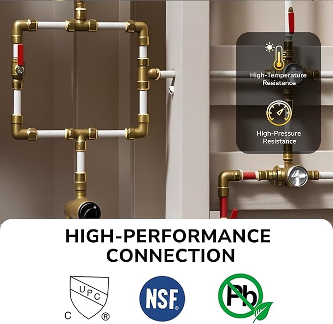 1/2" Pex Tee Pushfit, Push to Connect Brass Plumbing Fitting for Copper, CPVC, PEX Pipe, Brass Pex Fitting with Upgraded Stiffener, Disconnect Clip Included, NSF & UPC Certified, 2 Pack