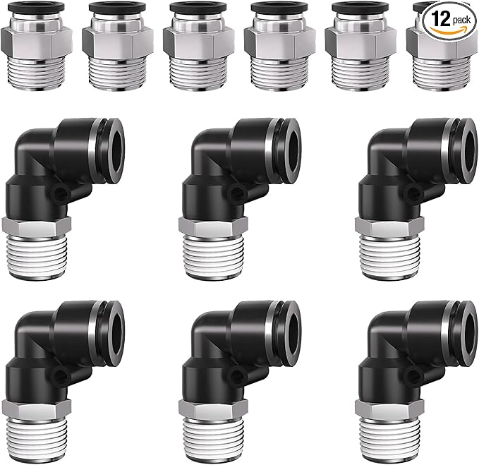 1/2" Tube OD to 3/8" NPT Thread Push to Connect Fittings,Pneumatic Quick Air Hose Fittings,Male Straight + Elbow,PC+PL(12pcs)