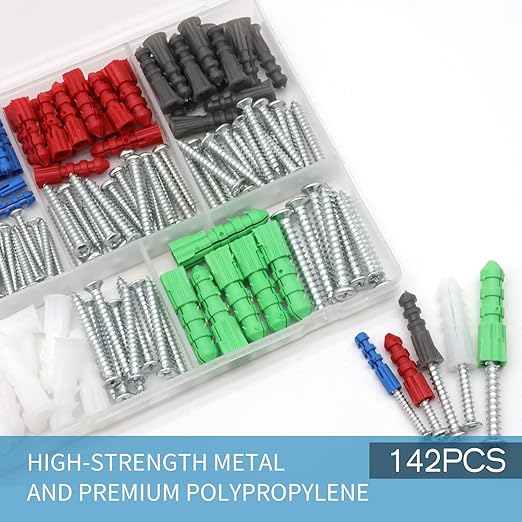 Drywall Anchors and Screws Kit 142Pcs, Wall Anchors and Screws for Drywall, Including 5 Different Sizes