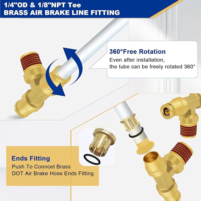 1/4“ DOT Air Line Quick Connect Fittings, 3PCS Brass Push to Connect Fittings 1/4" Tube OD × 1/8" NPT Tee Union to Male Pipe Swivel for Truck Trailers Air Brake System