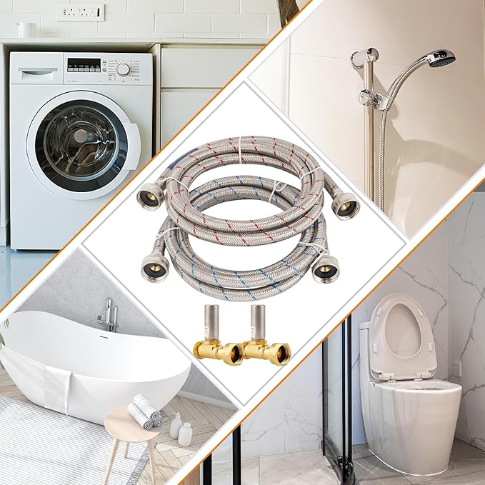 10 FT Stainless Steel Washing Machine Hoses with Water Harmmer,2 Pack Red and Blue Washer Hoses,Burst Proof Hot & Cold Water Connection Inlet Washer Supply Lines