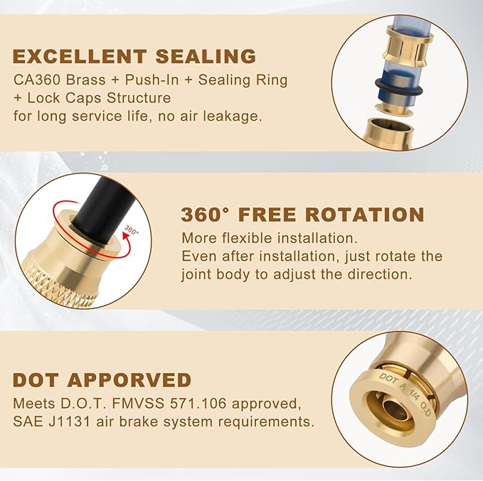 25pcs Quick Connect Brass DOT Air Line Fittings Straight Union 1/4” 3/8” Tube Push to Connect Fittings Air Suspension Fittings Straight Air Brake Union Push Lock Pneumatic Air Hose Fittings