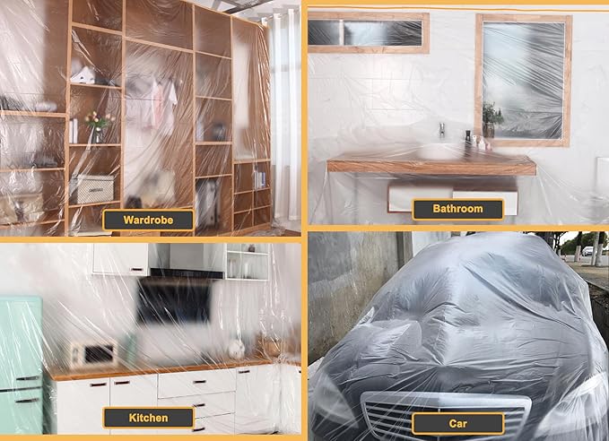 Muf 9 x 65 Feet Plastic Drop Cloth Protective Masking Film, Waterproof Plastic Sheeting with Masking Tape, Prevent Dust Paint for Car, Furniture, Carpet, Floor, 2 Pack