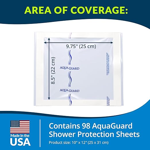 TIDI 50011-CSE AquaGuard Sheet – 10” x 12” – (Area of Coverage: 8.5” x 9.75”) – Shower Protection Sheet – Self-Adhesive Moisture Barrier – Wound Cover for Showering – 98 Sheets – Home Medical Supplies