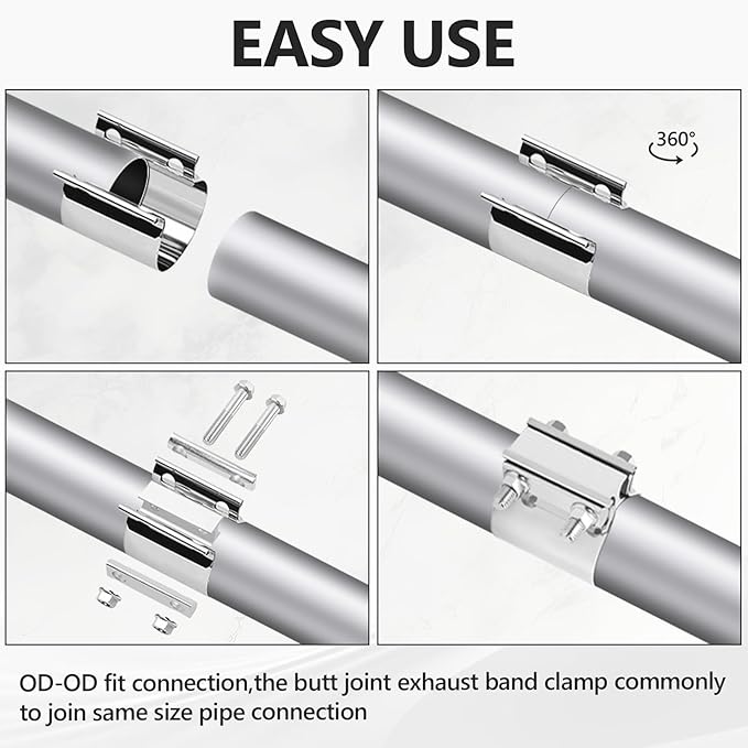 2.5'' Inch Exhaust Clamp, 2 1/2 Inch Butt Joint Seal Band Sleeve Coupler - Universal for Exhaust System, 2PCS Polished T304 Stainless Steel