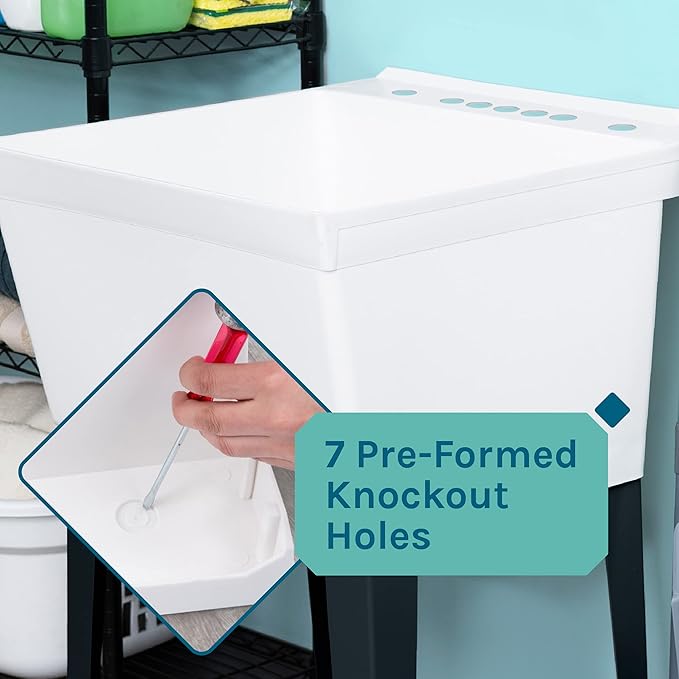 Utility Sink Extra-Deep Laundry Tub in White with High-Arc Stainless Steel Coil Pull-Down Sprayer Faucet, Integrated Supply Lines, P-Trap Kit, Heavy Duty Floor Mounted Freestanding Wash Station