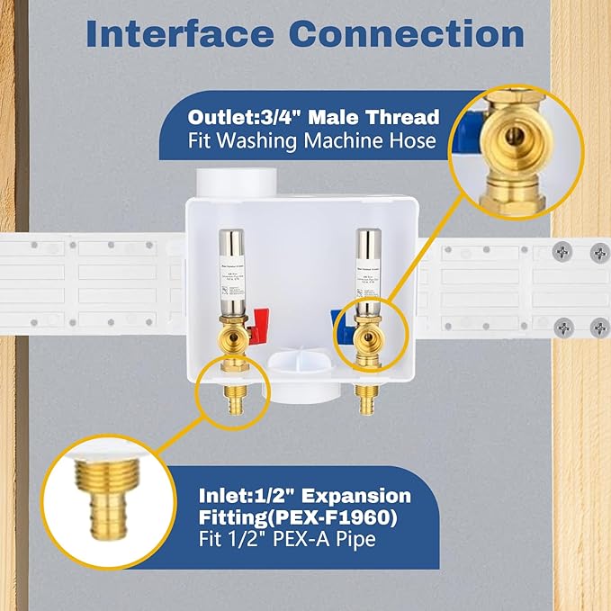 50-Pack GUOFIS Washing Machine Outlet Box,1/2 Inch PEX-A Expansion Inlet x 3/4 Inch MHT Outlet, Laundry Washer Box with Stainless Steel Water Hammer Arrestor (Center Drain)