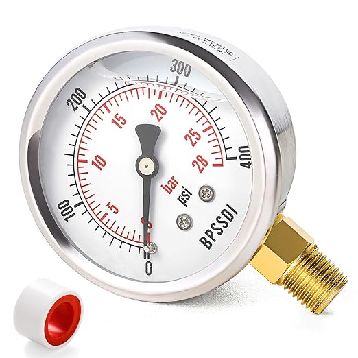 0-400 Psi Glycerin Liquid Filled Pressure Gauge, 2.5" Dial Size, 1/4" NPT Lower Mount, 304 Stainless Steel Case, for Pool Pump Sand Filter Air Compressor, Water Oil Air Pressure Test