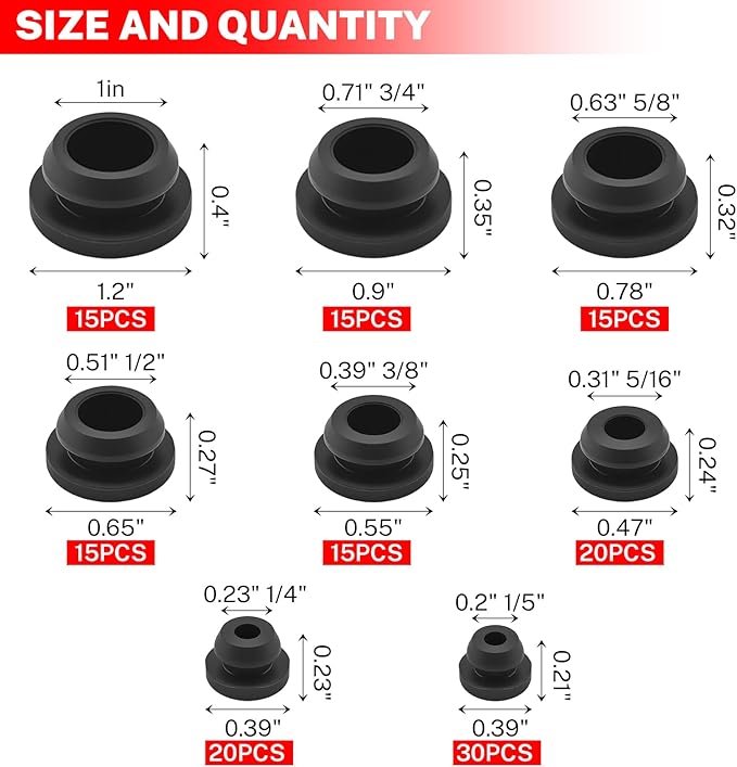145 PCS Black Rubber Plugs, 8 Sizes of Round Hole Rubber Plugs, Round Hole Silicone Plug Snap Locks, Suitable for Automobiles and Furniture.