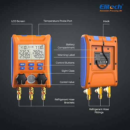 Elitech Digital Manifold Gauge 2-Way Valve with Thermometer Clamps for HVAC Systems, LMG-10Plus